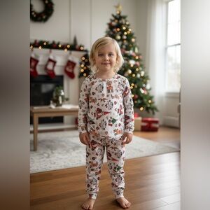 Kids Holiday Pajama Set Size 5T Cream Christmas Print Long Sleeve PJs